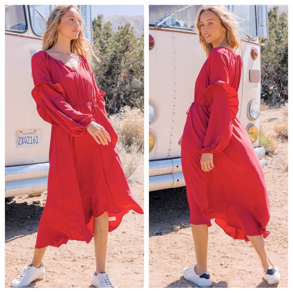 36 Boho Frill Detail V neck Midi Dress